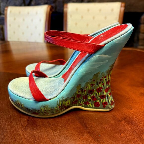 Vintage Giuseppe Zanotti Vicini Hand Painted 2 Band Platform Wedge US 8 - Picture 1 of 8